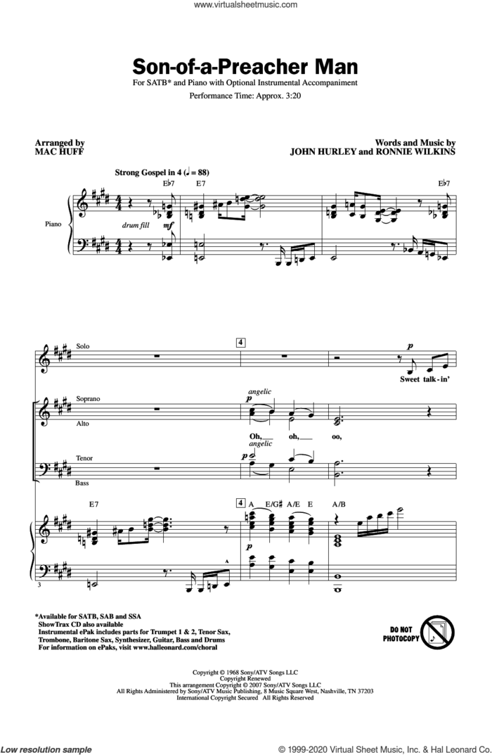 Son-Of-A-Preacher Man (arr. Mac Huff) sheet music for choir (SATB: soprano, alto, tenor, bass) by Dusty Springfield, Mac Huff, John Hurley and Ronnie Wilkins, intermediate skill level