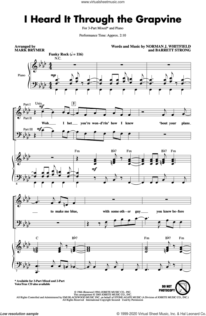 I Heard It Through The Grapevine (arr. Mark Brymer) sheet music for choir (3-Part Mixed) by Marvin Gaye, Mark Brymer, Barrett Strong and Norman Whitfield, intermediate skill level