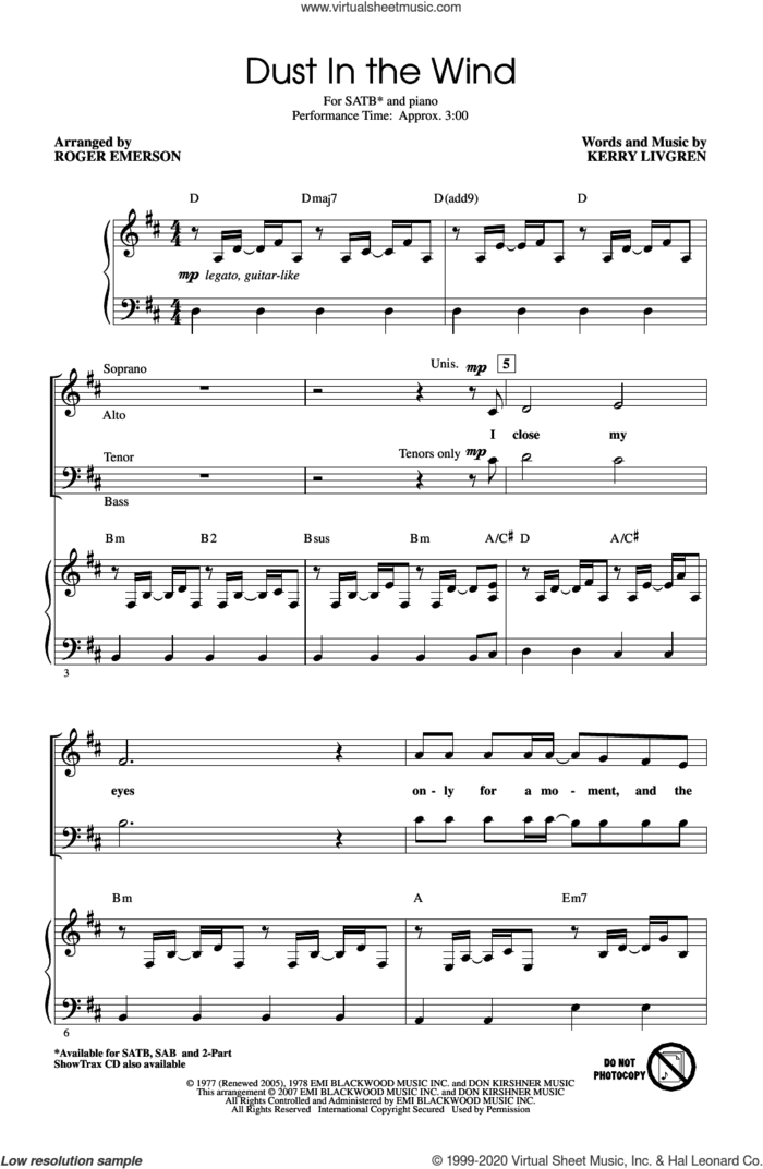 Dust In The Wind (arr. Roger Emerson) sheet music for choir (SATB: soprano, alto, tenor, bass) by Kansas, Roger Emerson and Kerry Livgren, intermediate skill level