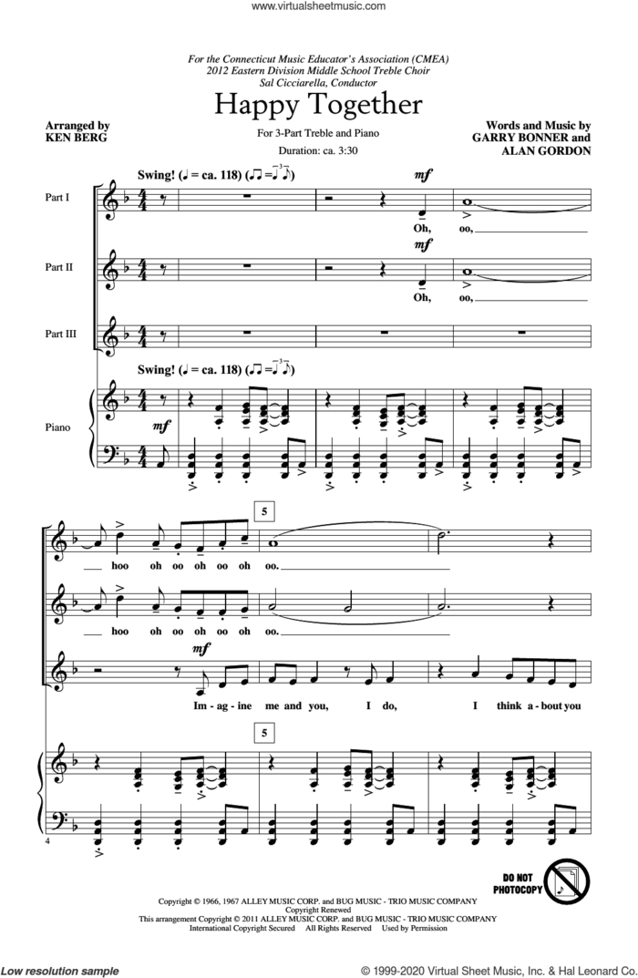 Happy Together (arr. Ken Berg) sheet music for choir (3-Part Treble) by The Turtles, Ken Berg, Alan Gordon and Garry Bonner, intermediate skill level