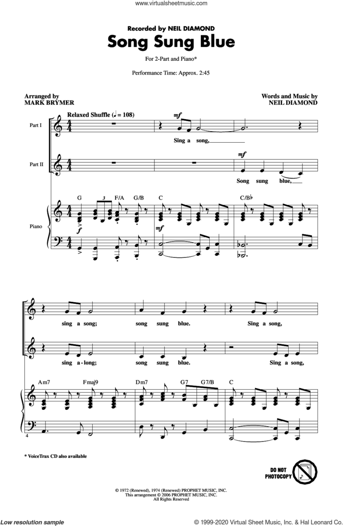 Song Sung Blue (arr. Mark Brymer) sheet music for choir (2-Part) by Neil Diamond and Mark Brymer, intermediate duet