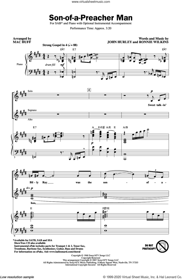 Son-Of-A-Preacher Man (arr. Mac Huff) sheet music for choir (SAB: soprano, alto, bass) by Dusty Springfield, Mac Huff, John Hurley and Ronnie Wilkins, intermediate skill level
