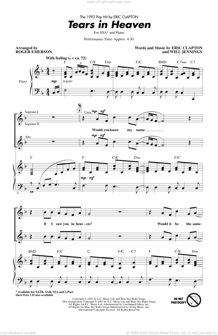 Tears In Heaven (arr. Roger Emerson) sheet music for choir (SSA: soprano, alto) by Eric Clapton, Roger Emerson and Will Jennings, intermediate skill level