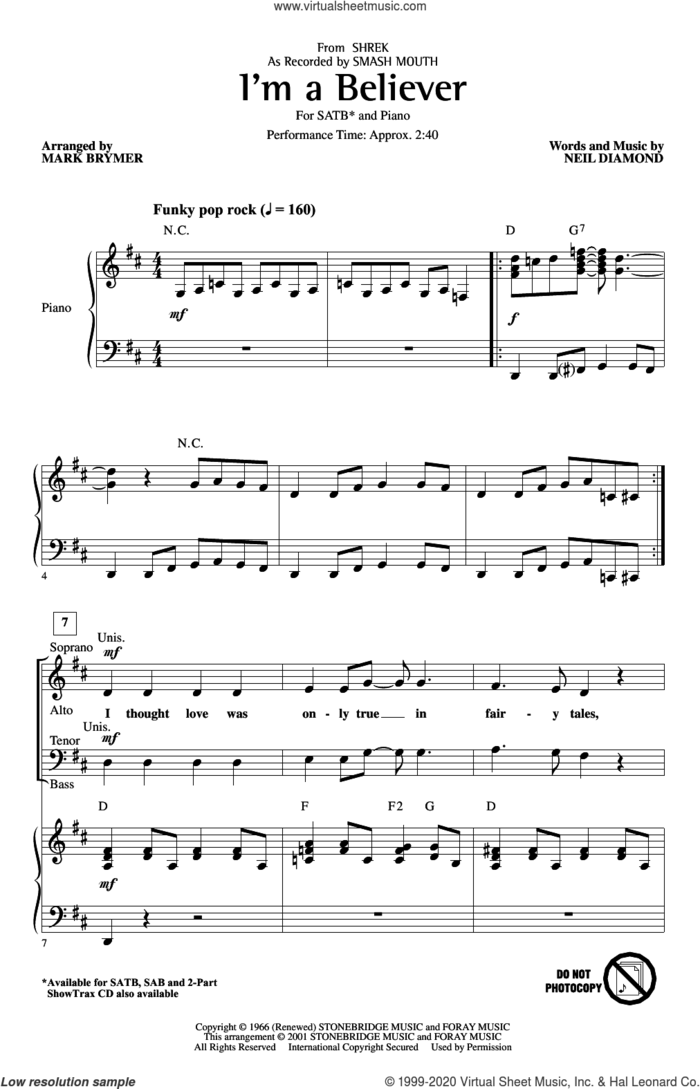 I'm A Believer (from Shrek) (arr. Mark Brymer) sheet music for choir (SATB: soprano, alto, tenor, bass) by Smash Mouth, Mark Brymer and Neil Diamond, intermediate skill level
