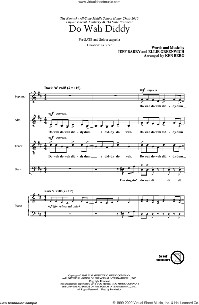 Do Wah Diddy Diddy (arr. Ken Berg) sheet music for choir by Manfred Mann, Ken Berg, Ellie Greenwich and Jeff Barry, intermediate skill level