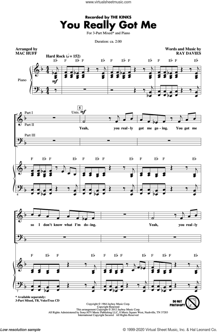 You Really Got Me (arr. Mac Huff) sheet music for choir (3-Part Mixed) by The Kinks, Mac Huff and Ray Davies, intermediate skill level