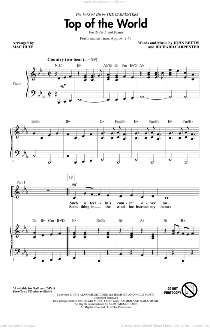 Top Of The World (arr. Mac Huff) sheet music for choir (2-Part) by Carpenters, Mac Huff, John Bettis and Richard Carpenter, intermediate duet
