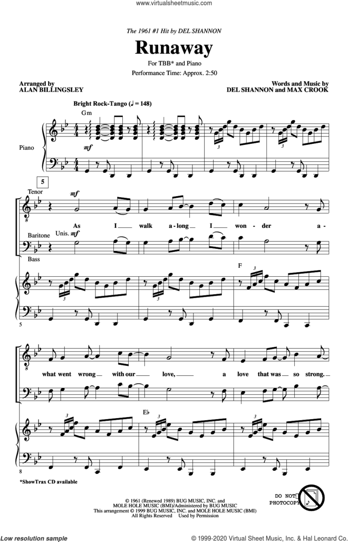 Runaway (arr. Alan Billingsley) sheet music for choir (TBB: tenor, bass) by Del Shannon, Alan Billingsley and Max Crook, intermediate skill level