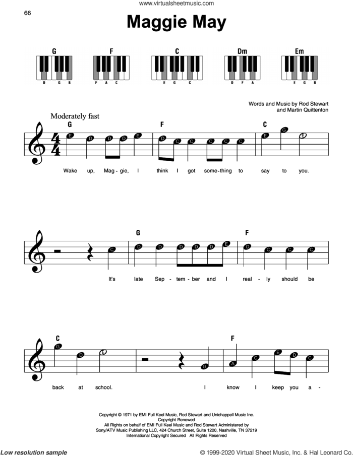 Maggie May, (beginner) sheet music for piano solo by Rod Stewart and Martin Quittenton, beginner skill level