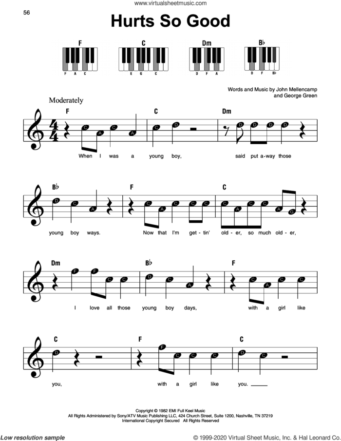 Hurts So Good sheet music for piano solo by John Mellencamp, John 'Cougar' and George Green, beginner skill level