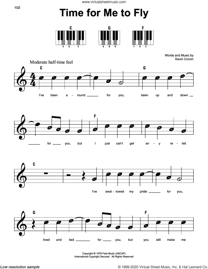 Time For Me To Fly, (beginner) sheet music for piano solo by REO Speedwagon and Kevin Cronin, beginner skill level