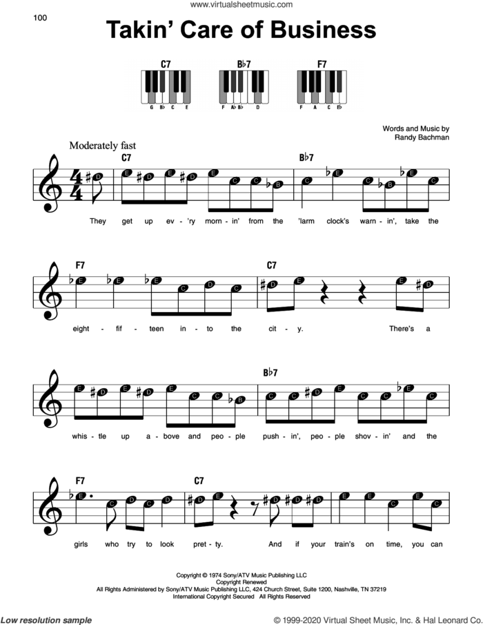Takin' Care Of Business sheet music for piano solo by Bachman-Turner Overdrive and Randy Bachman, beginner skill level