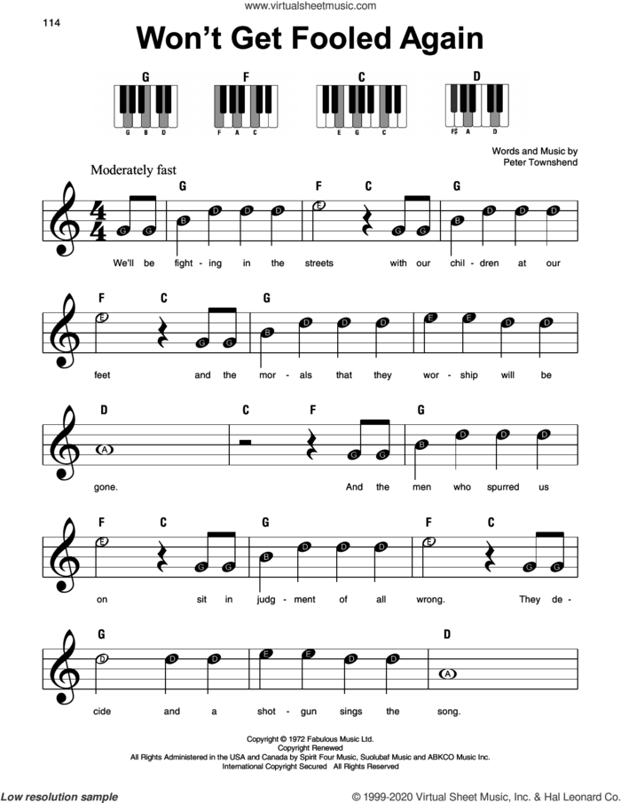 Won't Get Fooled Again sheet music for piano solo by The Who and Pete Townshend, beginner skill level