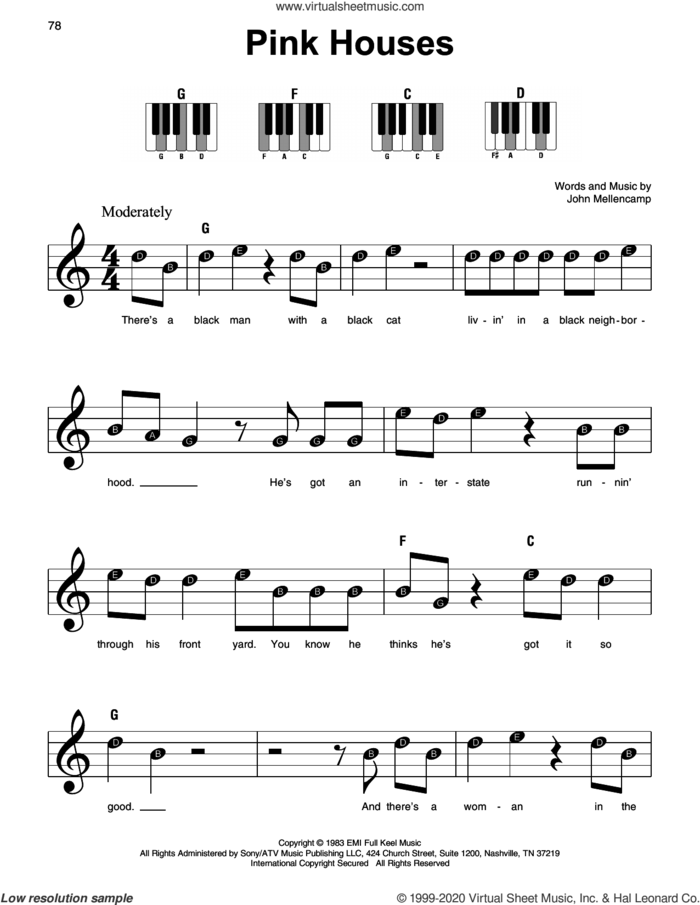 Pink Houses, (beginner) sheet music for piano solo by John Mellencamp, beginner skill level