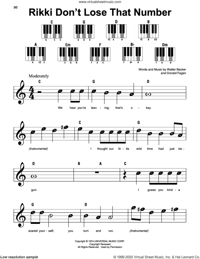 Rikki Don't Lose That Number sheet music for piano solo by Steely Dan, Donald Fagen and Walter Becker, beginner skill level