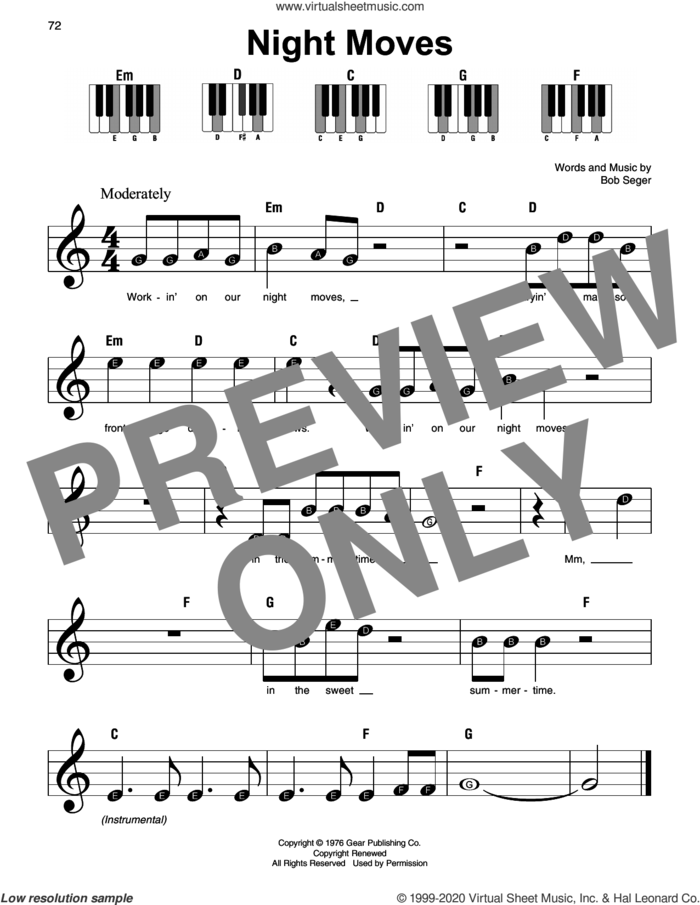Night Moves sheet music for piano solo by Bob Seger, beginner skill level