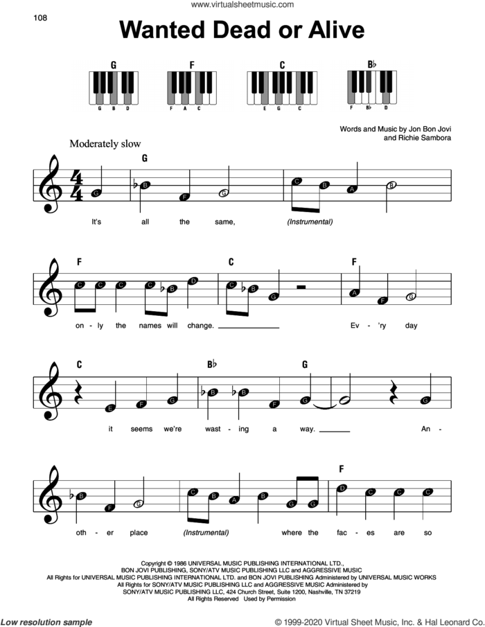 Wanted Dead Or Alive sheet music for piano solo by Bon Jovi and Richie Sambora, beginner skill level