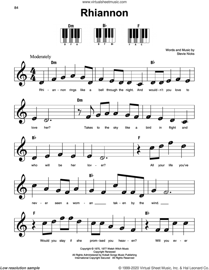 Rhiannon, (beginner) sheet music for piano solo by Fleetwood Mac and Stevie Nicks, beginner skill level