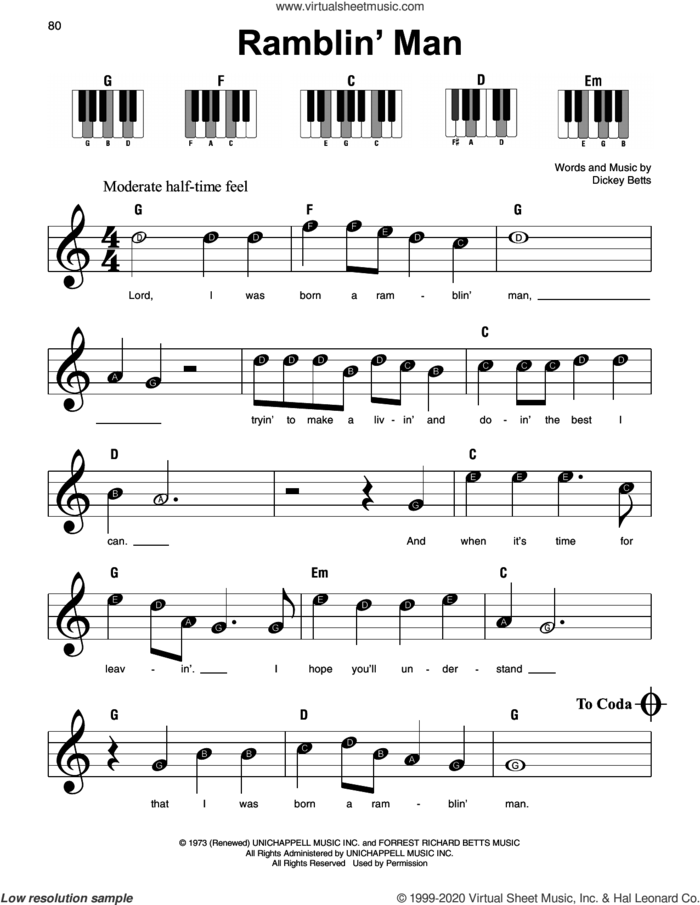Ramblin' Man sheet music for piano solo by The Allman Brothers Band and Dickey Betts, beginner skill level