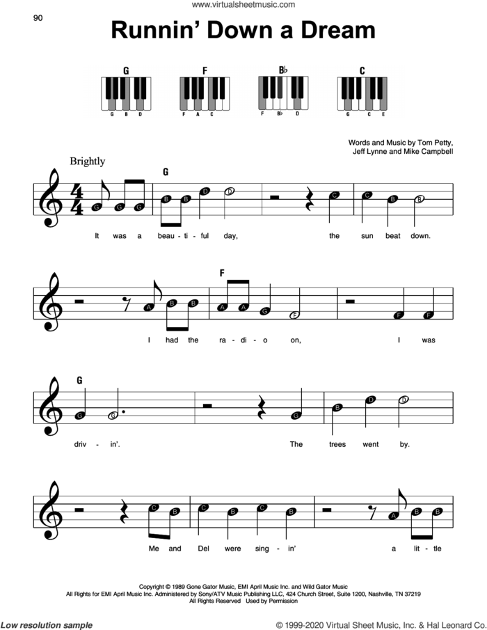 Runnin' Down A Dream sheet music for piano solo by Tom Petty, Jeff Lynne and Mike Campbell, beginner skill level