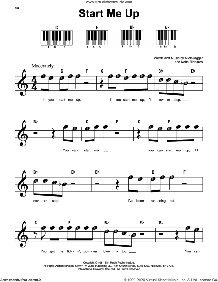 Start Me Up, (beginner) sheet music for piano solo by The Rolling Stones, Keith Richards and Mick Jagger, beginner skill level