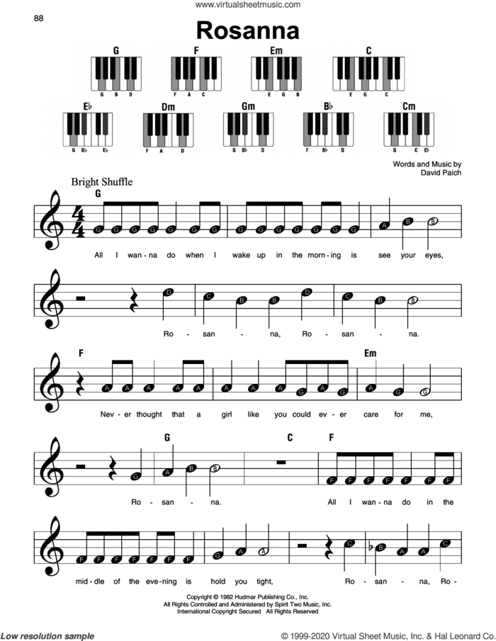 Rosanna, (beginner) sheet music for piano solo by Toto and David Paich, beginner skill level
