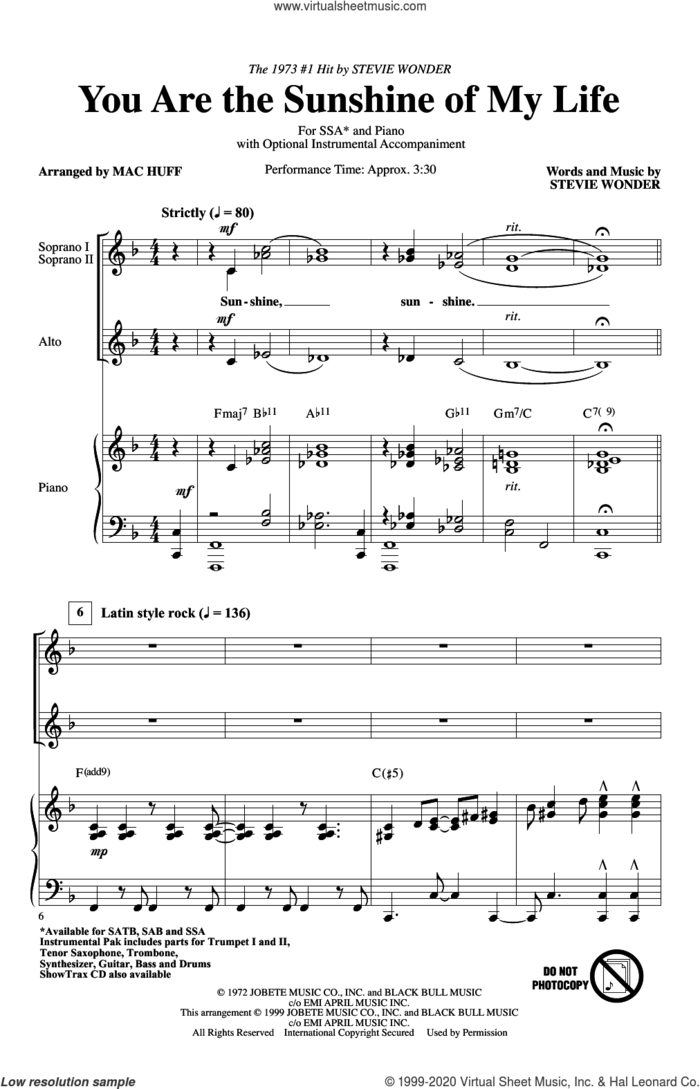You Are The Sunshine Of My Life (arr. Mac Huff) sheet music for choir (SSA: soprano, alto) by Stevie Wonder and Mac Huff, intermediate skill level