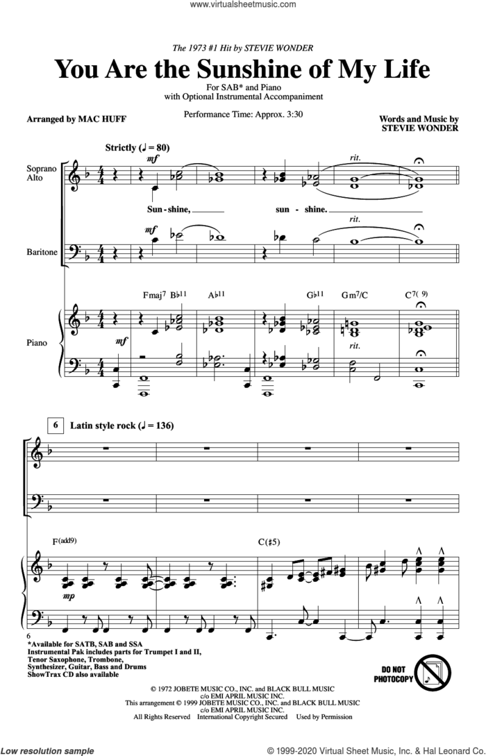 You Are The Sunshine Of My Life (arr. Mac Huff) sheet music for choir (SAB: soprano, alto, bass) by Stevie Wonder and Mac Huff, intermediate skill level
