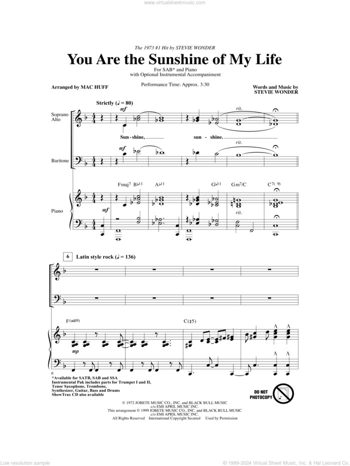 You Are The Sunshine Of My Life (arr. Mac Huff) sheet music for choir (SAB: soprano, alto, bass) by Stevie Wonder and Mac Huff, intermediate skill level