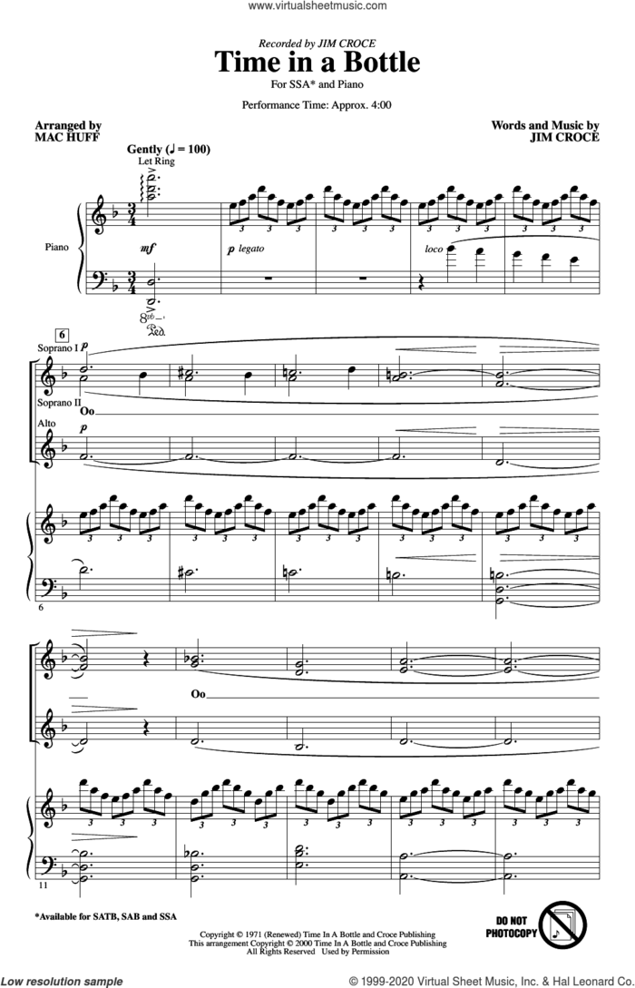 Time In A Bottle (arr. Mac Huff) sheet music for choir (SSA: soprano, alto) by Jim Croce and Mac Huff, intermediate skill level