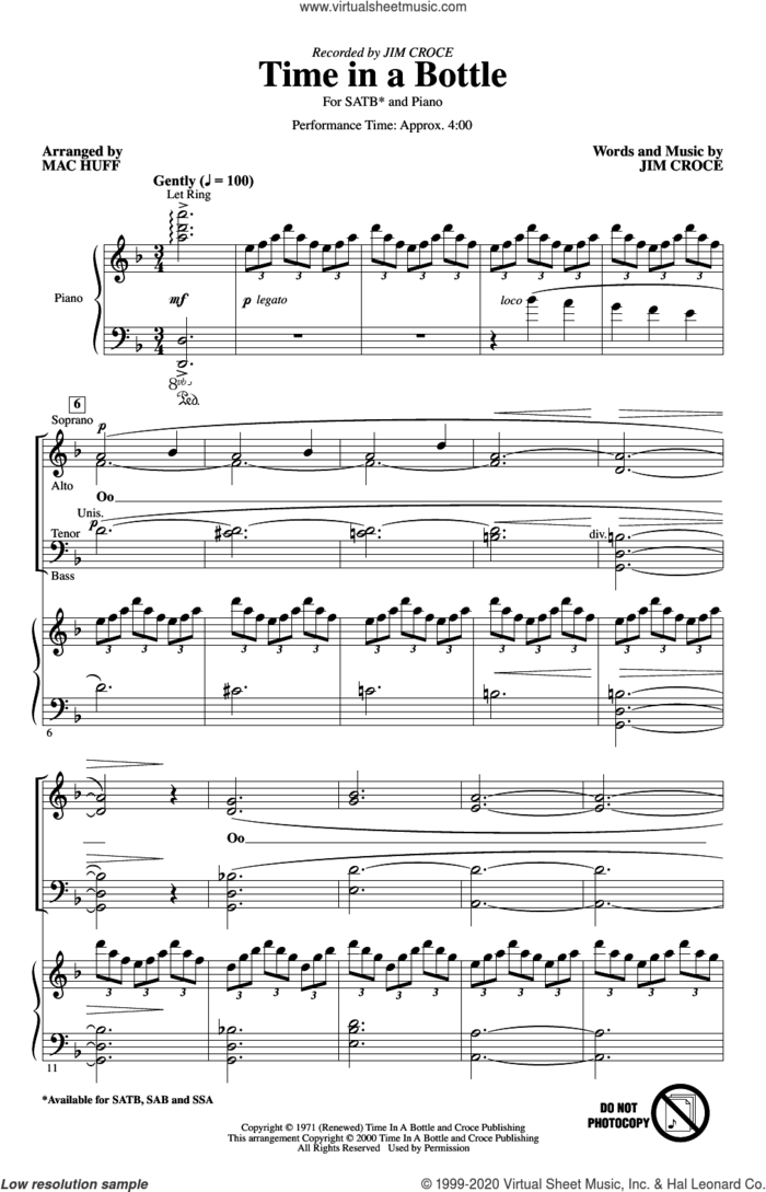 Time In A Bottle (arr. Mac Huff) sheet music for choir (SATB: soprano, alto, tenor, bass) by Jim Croce and Mac Huff, intermediate skill level