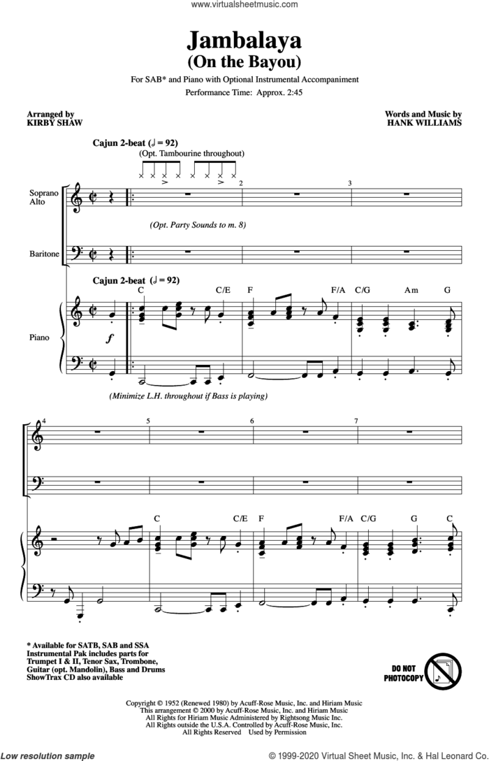 Jambalaya (On The Bayou) (arr. Kirby Shaw) sheet music for choir (SAB: soprano, alto, bass) by Hank Williams and Kirby Shaw, intermediate skill level