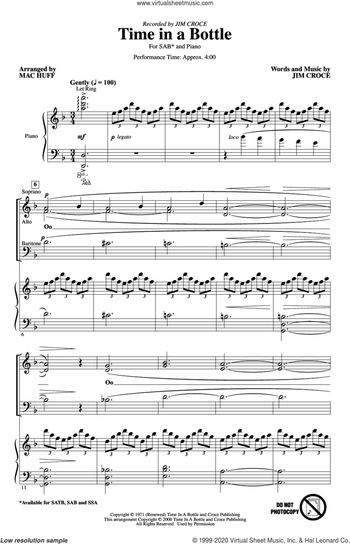 Time In A Bottle (arr. Mac Huff) sheet music for choir (SAB: soprano, alto, bass) by Jim Croce and Mac Huff, intermediate skill level
