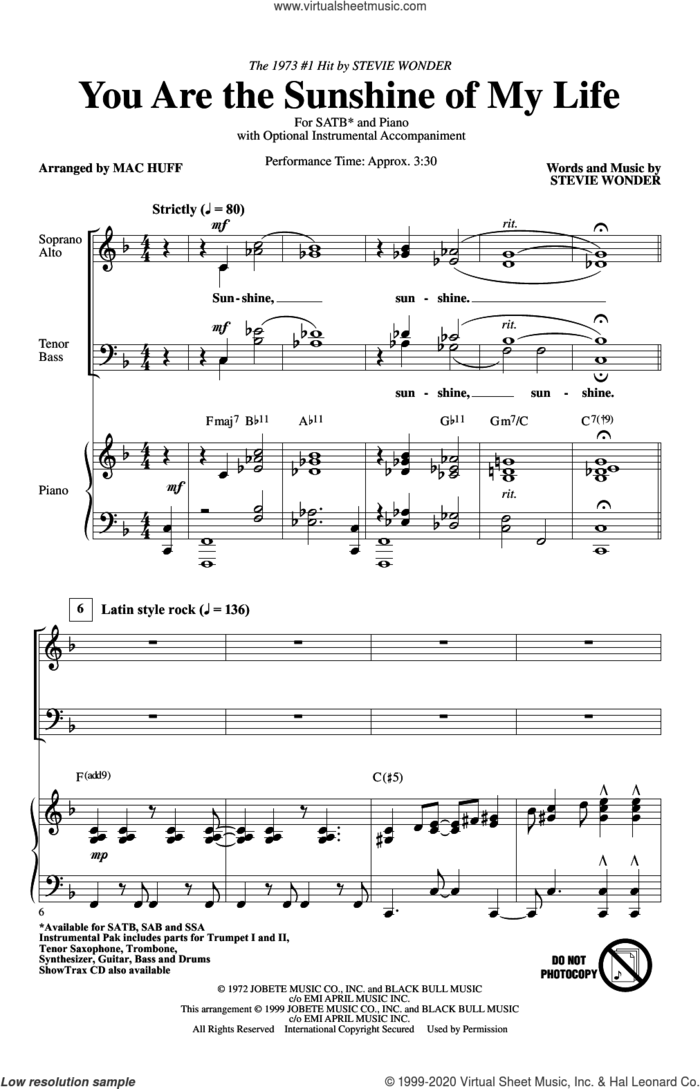You Are The Sunshine Of My Life (arr. Mac Huff) sheet music for choir (SATB: soprano, alto, tenor, bass) by Stevie Wonder and Mac Huff, intermediate skill level