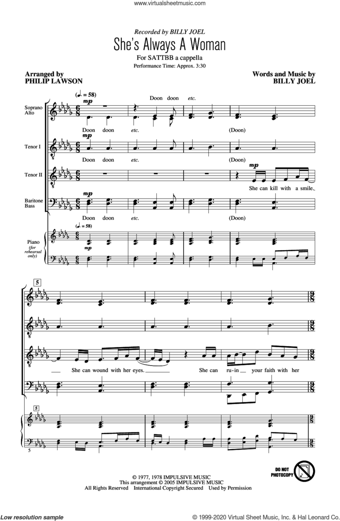 She's Always A Woman (arr. Philip Lawson) sheet music for choir (SATB: soprano, alto, tenor, bass) by Billy Joel and Philip Lawson, intermediate skill level
