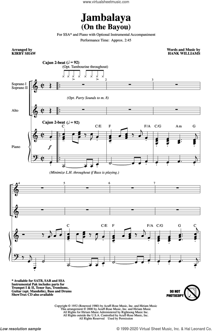 Jambalaya (On The Bayou) (arr. Kirby Shaw) sheet music for choir (SSA: soprano, alto) by Hank Williams and Kirby Shaw, intermediate skill level