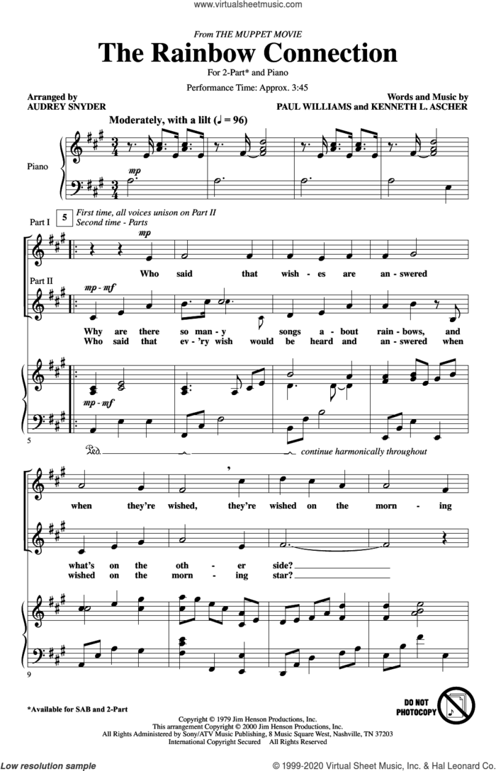 The Rainbow Connection (arr. Audrey Snyder) sheet music for choir (2-Part) by Paul Williams, Audrey Snyder and Kenneth L. Ascher, intermediate duet