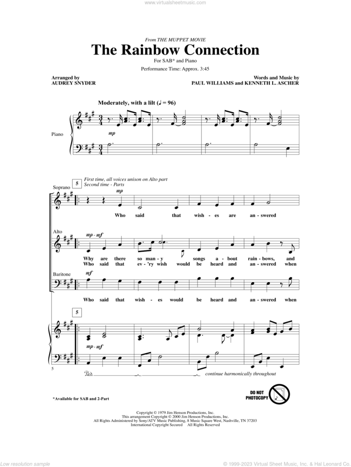 The Rainbow Connection (arr. Audrey Snyder) sheet music for choir (SAB: soprano, alto, bass) by Paul Williams, Audrey Snyder and Kenneth L. Ascher, intermediate skill level