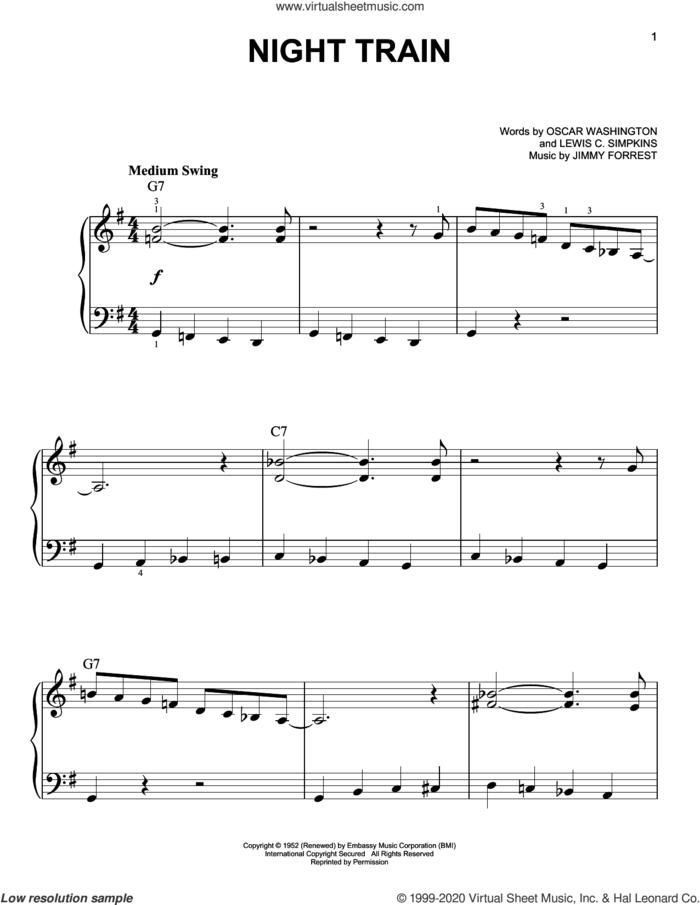 Night Train sheet music for piano solo by Jimmy Forrest, Lewis C. Simpkins and Oscar Washington, beginner skill level