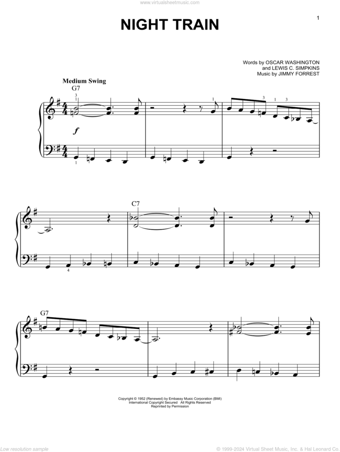 Night Train sheet music for piano solo by Jimmy Forrest, Lewis C. Simpkins and Oscar Washington, beginner skill level