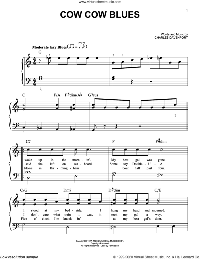 Cow Cow Blues sheet music for piano solo by Charles Davenport, beginner skill level