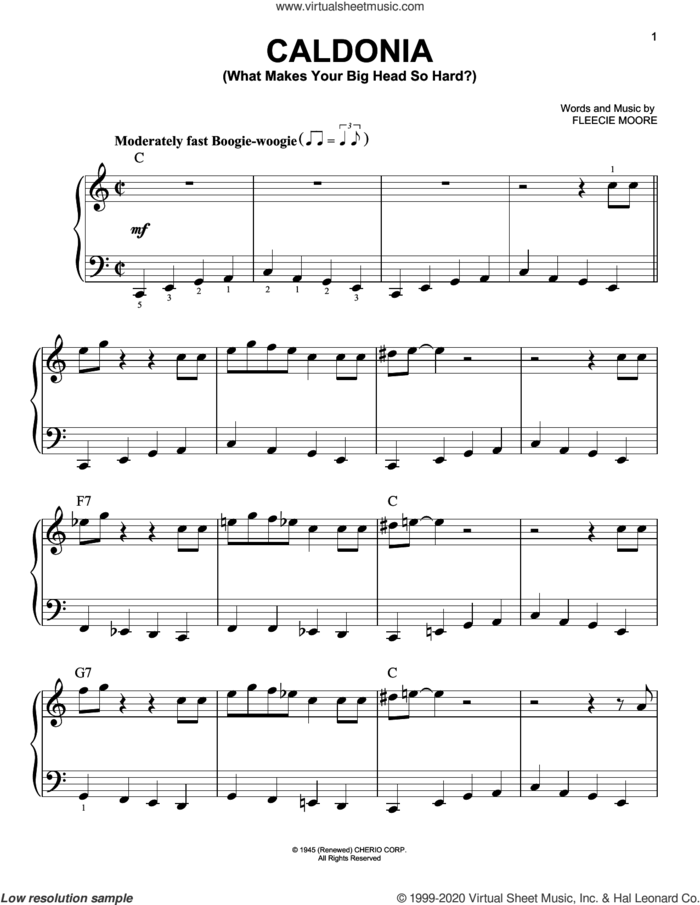Caldonia (What Makes Your Big Head So Hard?) sheet music for piano solo by Woody Herman & His Orchestra and Fleecie Moore, beginner skill level