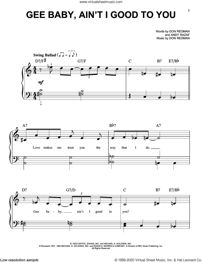 Gee Baby, Ain't I Good To You sheet music for piano solo by Andy Razaf, King Cole Trio and Don Redman, beginner skill level