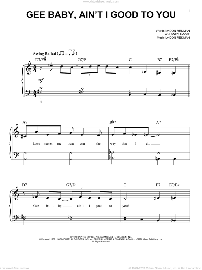 Gee Baby, Ain't I Good To You sheet music for piano solo by Andy Razaf, King Cole Trio and Don Redman, beginner skill level