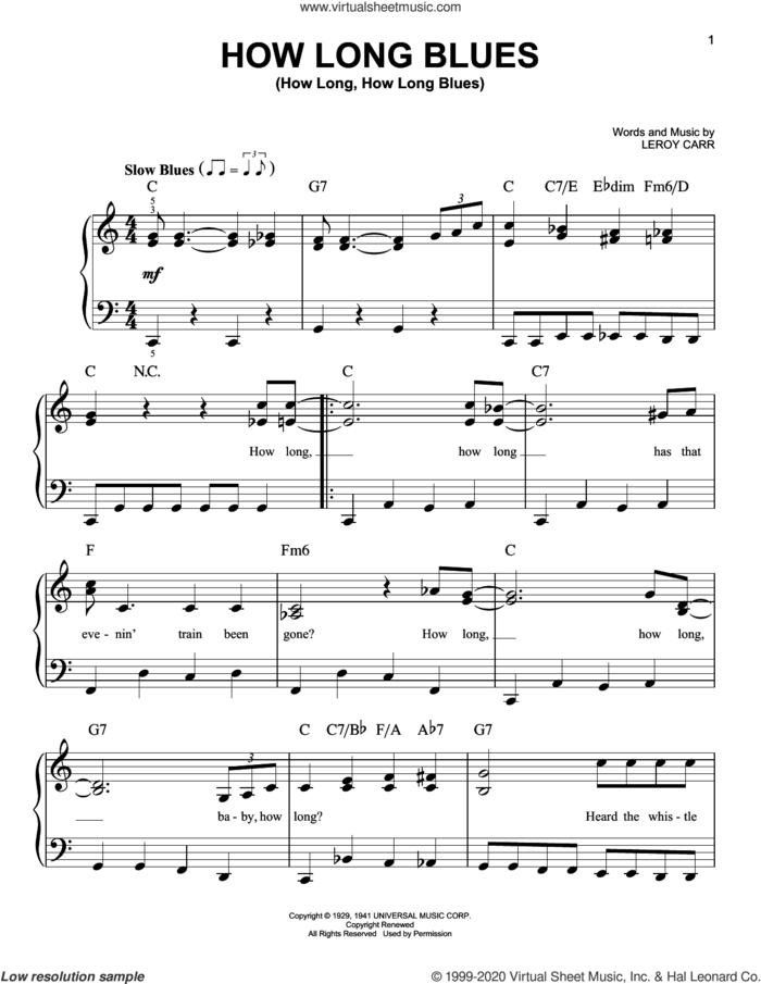 How Long Blues (How Long, How Long Blues) sheet music for piano solo by Leroy Carr, beginner skill level