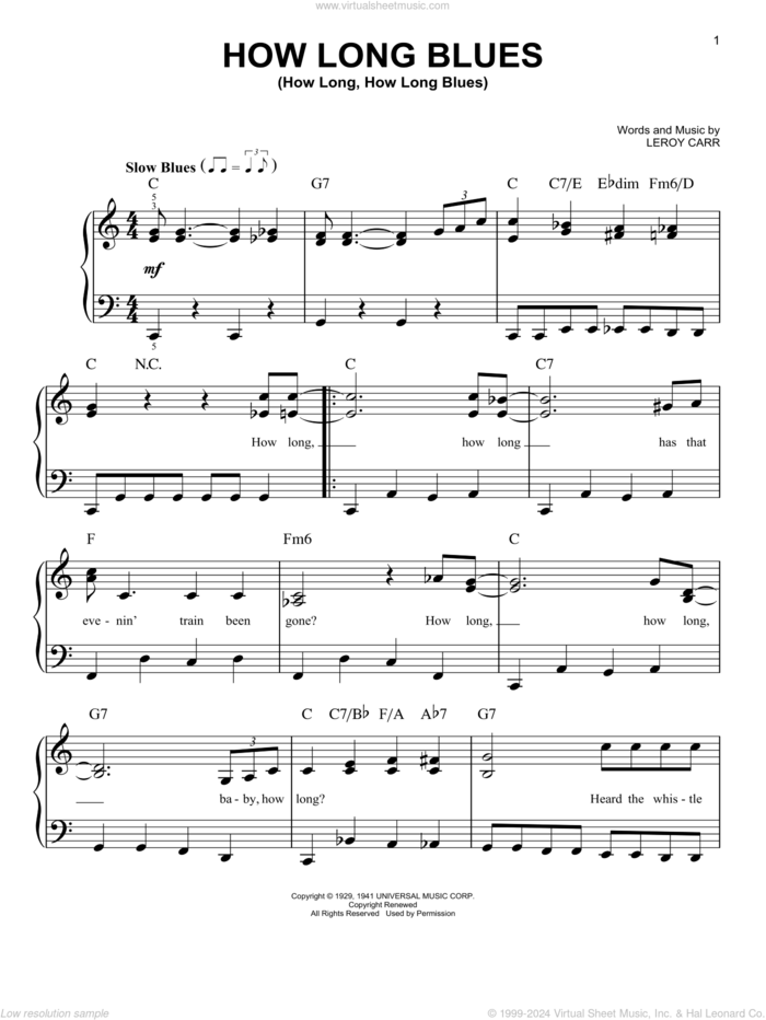 How Long Blues (How Long, How Long Blues) sheet music for piano solo by Leroy Carr, beginner skill level