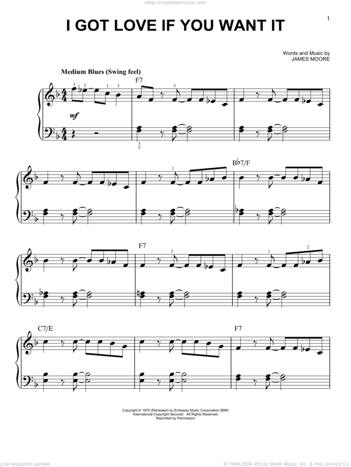 I Got Love If You Want It sheet music for piano solo by Slim Harpo and James Moore, beginner skill level