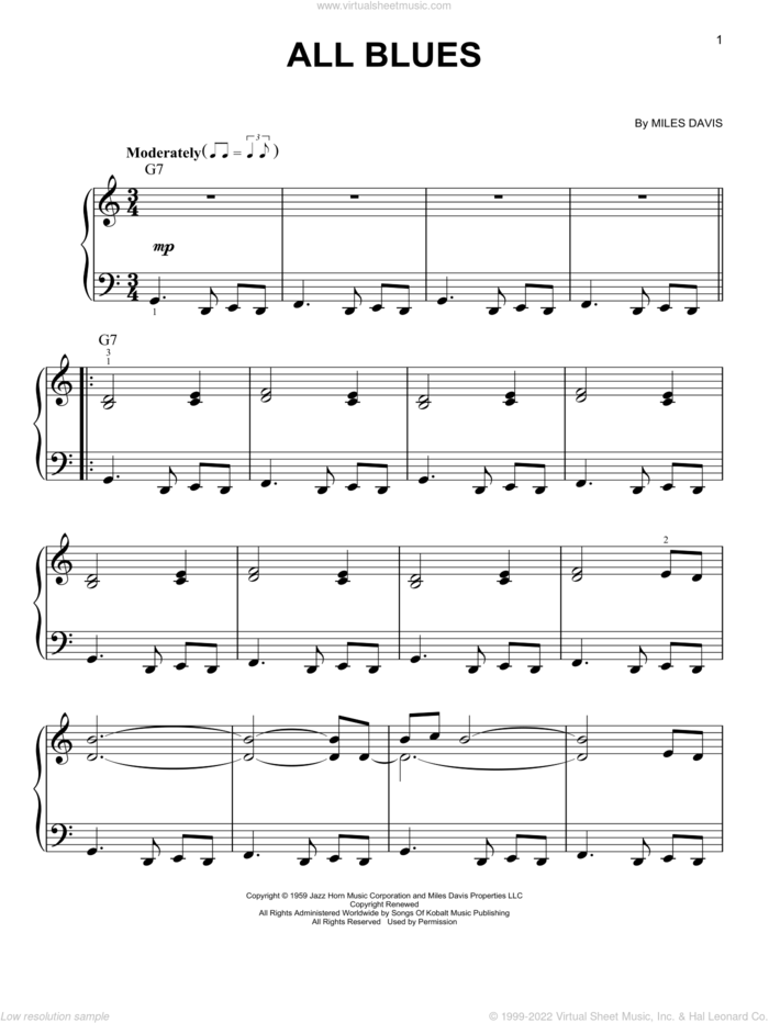 All Blues, (beginner) sheet music for piano solo by Miles Davis, beginner skill level