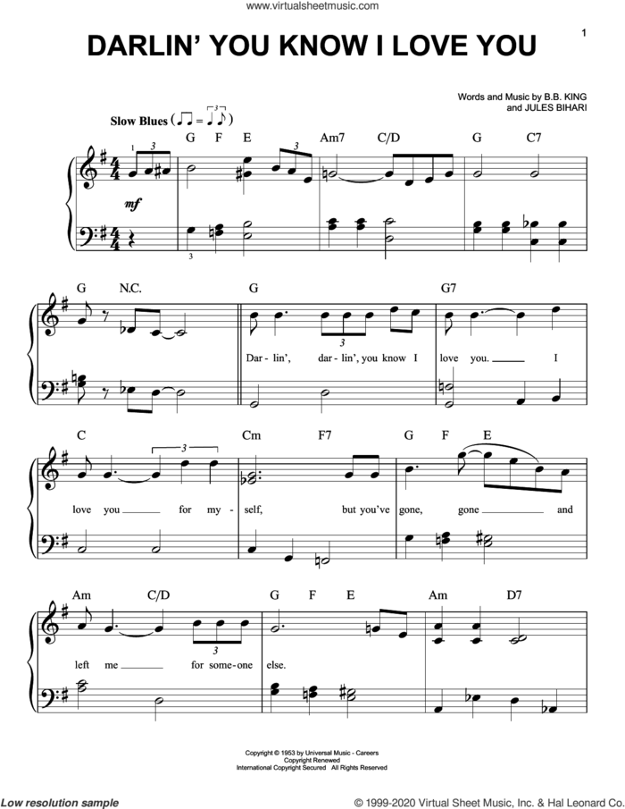 Darlin' You Know I Love You sheet music for piano solo by B.B. King and Jules Bihari, beginner skill level