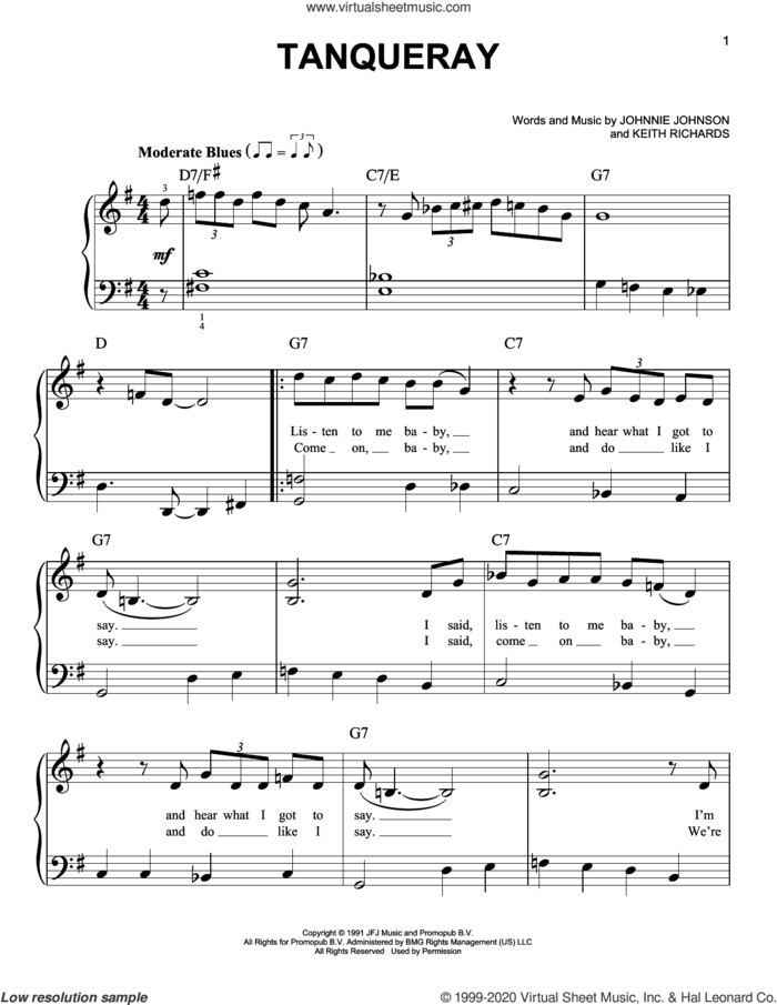 Tanqueray sheet music for piano solo by Johnnie Johnson and Keith Richards, beginner skill level